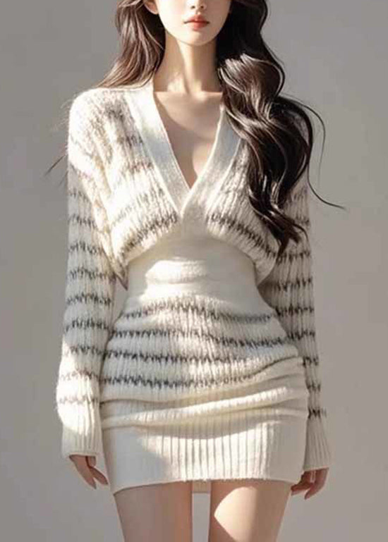 Korean Style Waist Cinching Striped Knitted Slim Fit Dress