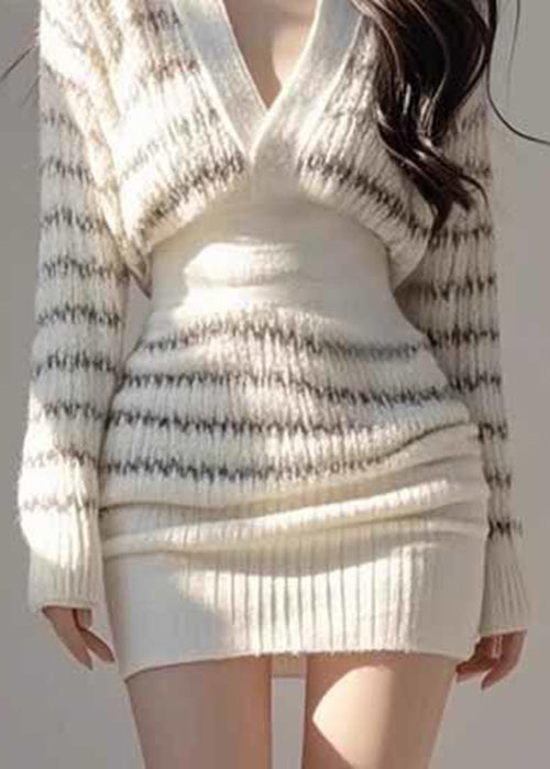 Korean Style Waist Cinching Striped Knitted Slim Fit Dress