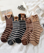 Korean Version Plush Teddy Bear Striped Pure Cotton Mid Calf Socks