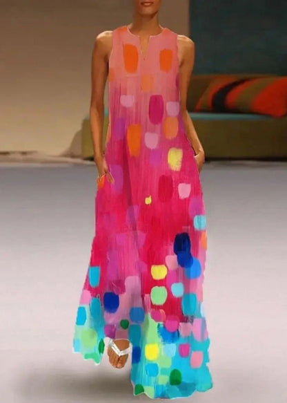 Ladies' Red V-Neck Printed Sleeveless Maxi Dress