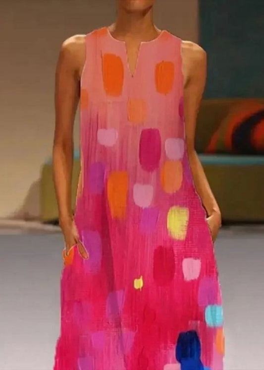 Ladies' Red V-Neck Printed Sleeveless Maxi Dress