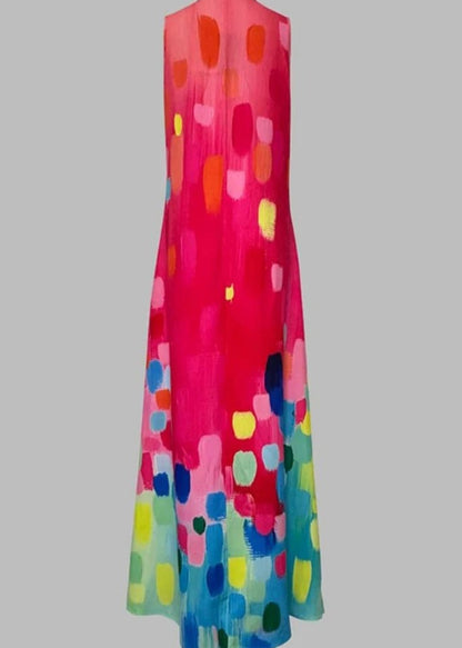 Ladies' Red V-Neck Printed Sleeveless Maxi Dress