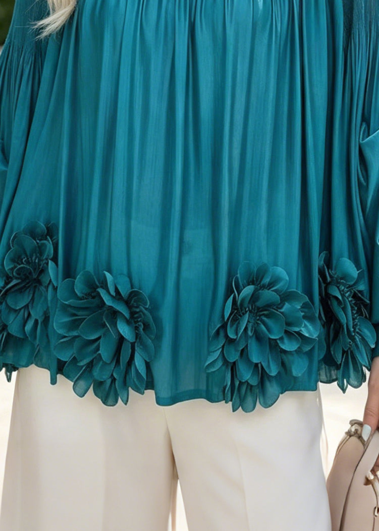 Lake Blue Chiffon Top Oversized Floral Wrinkled Spring