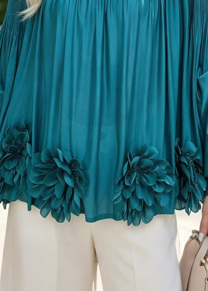 Lake Blue Chiffon Top Oversized Floral Wrinkled Spring