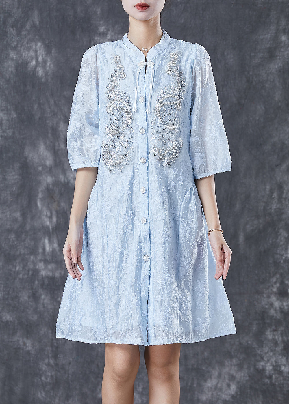 Lake Blue Cotton Party Dress Nail Bead Chinese Button Summer