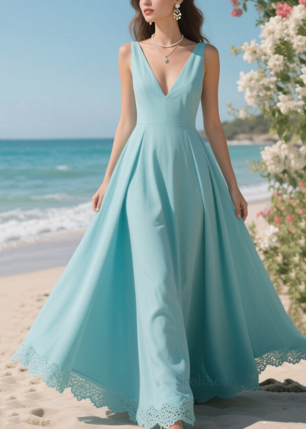 Lake Blue Patchwork Lace Chiffon Long Dress Exra Large Hem Summer