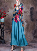 Load image into Gallery viewer, Lake Blue Pockets Print Silk Long Dresses O Neck Half Sleeve