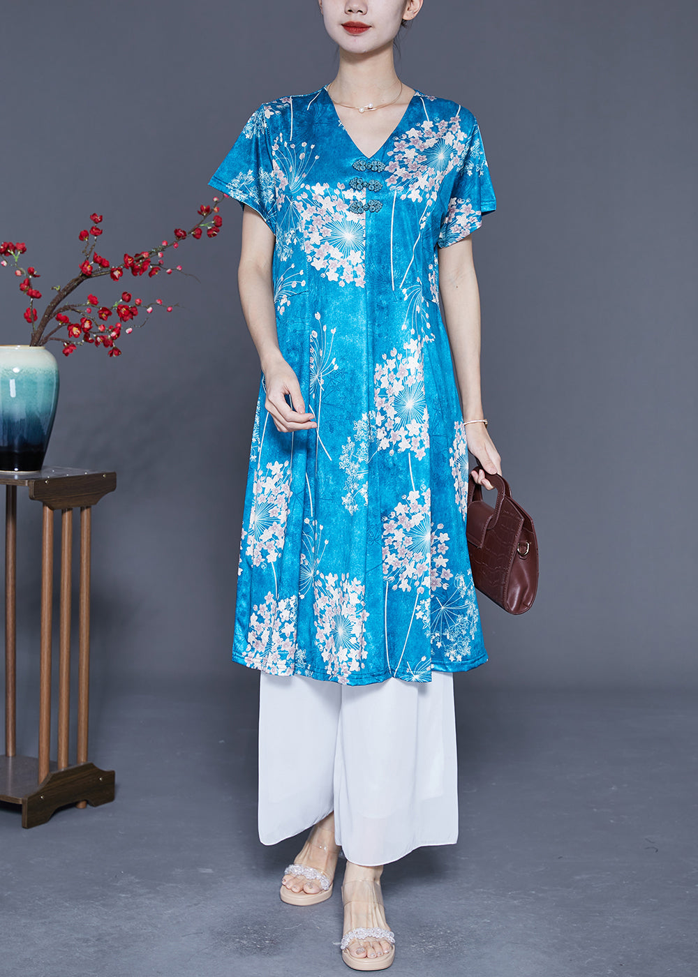 Lake Blue Print Silk A Line Dress Chinese Button Summer