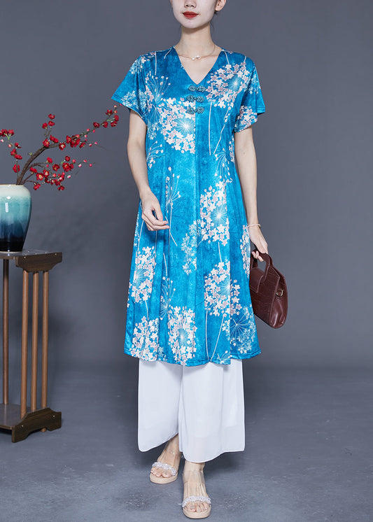 Lake Blue Print Silk A Line Dress Chinese Button Summer