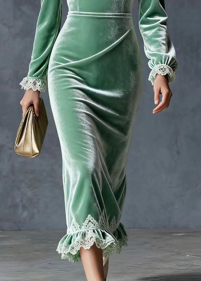 Lake Green Patchwork Lace Silk Velvet Dresses V Neck Spring