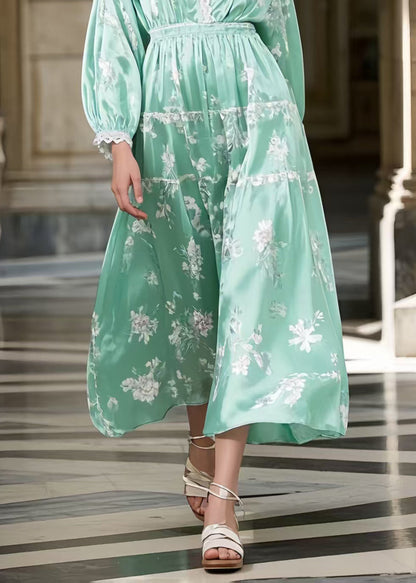 Lake Green Print Silk Long Dresses Deep-V Neck Spring