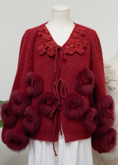 Lantern Red V Neck Floral Tie Waist Mink Hair Knitted Cardigan Long Sleeve