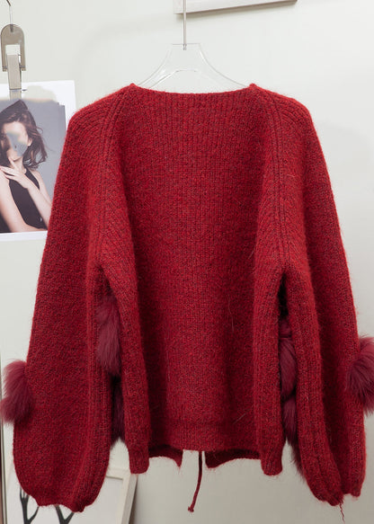 Lantern Red V Neck Floral Tie Waist Mink Hair Knitted Cardigan Long Sleeve