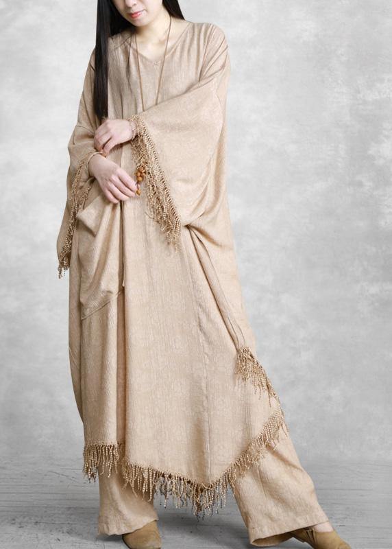 Plus Size Khaki Silk Linen Jacquard Tassel Dress Two Piece Set - SooLinen