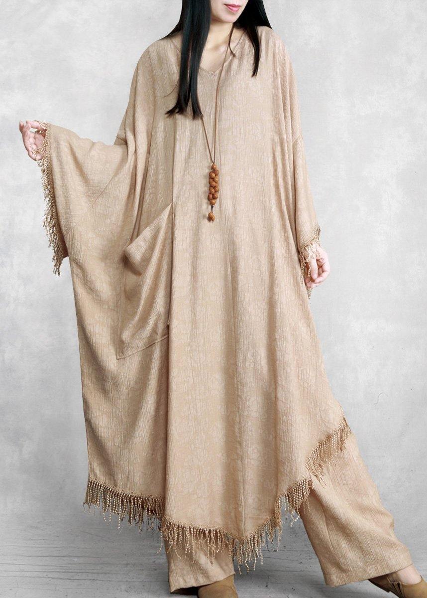 Plus Size Khaki Silk Linen Jacquard Tassel Dress Two Piece Set - SooLinen