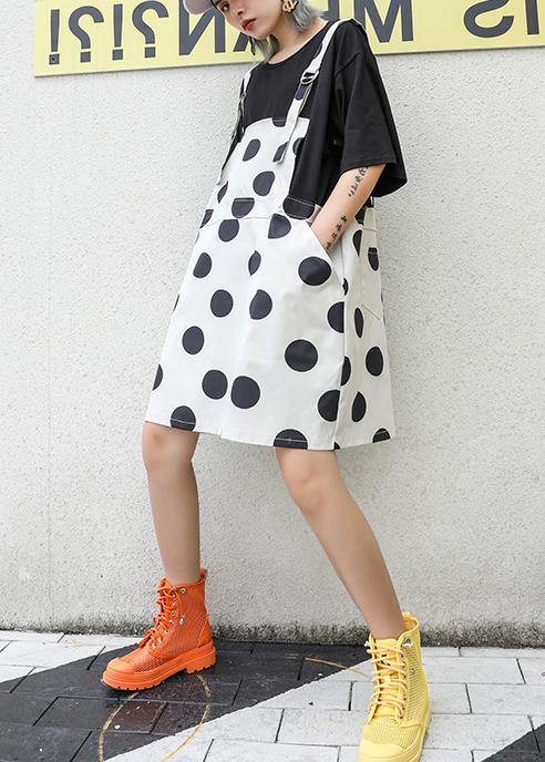 Large size fake two-piece wave skirt dress 2019 new summer short-sleeved t-shirt female high waist  strap dress - SooLinen