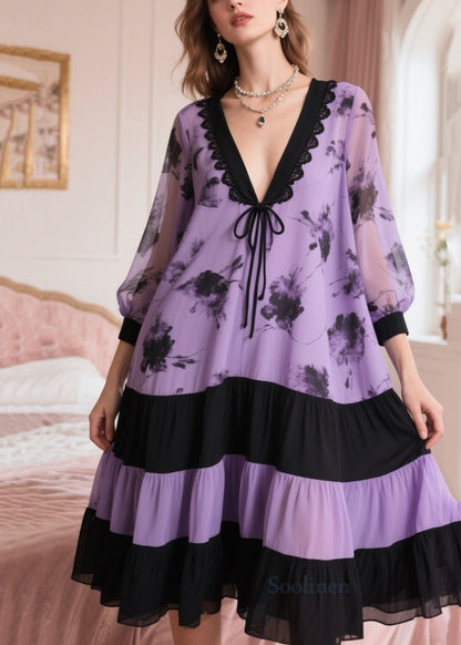 Lavender Patchwork Chiffon Dress Oversized Print Summer