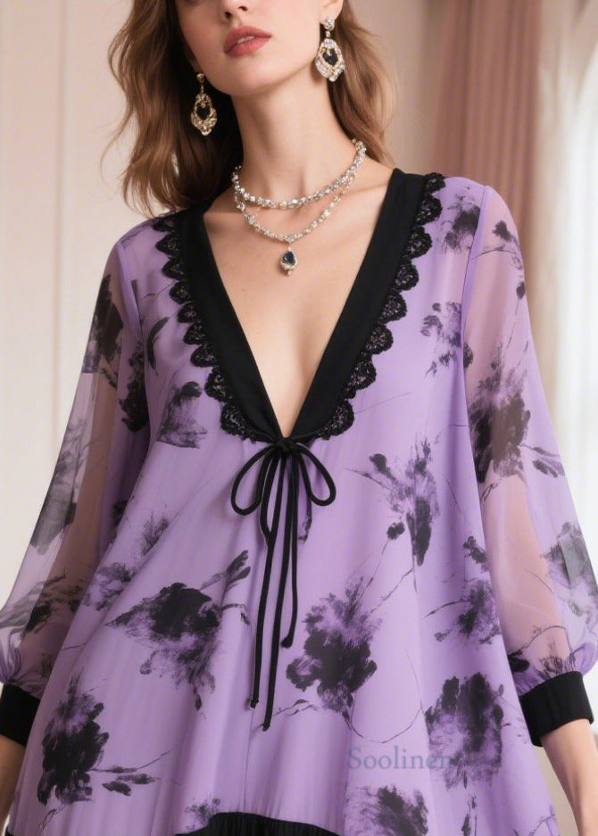 Lavender Patchwork Chiffon Dress Oversized Print Summer