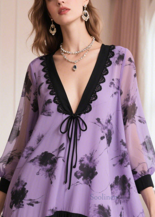 Lavender Patchwork Chiffon Dress Oversized Print Summer