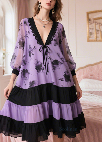 Lavender Patchwork Chiffon Dress Oversized Print Summer