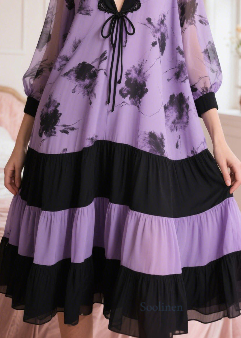 Lavender Patchwork Chiffon Dress Oversized Print Summer