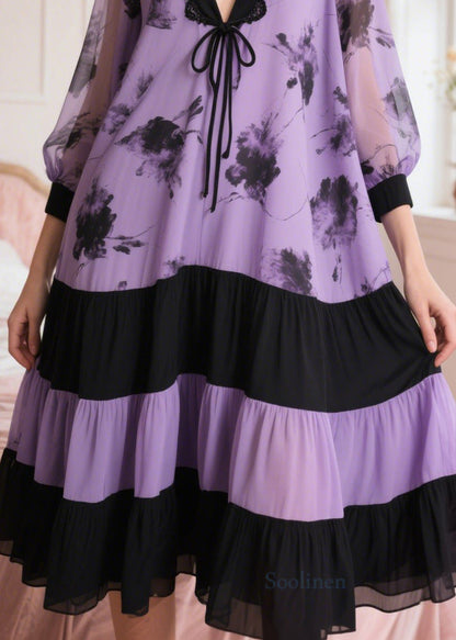 Lavender Patchwork Chiffon Dress Oversized Print Summer