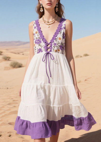 Lavender Patchwork Cotton Mid Dresses Cross Strap Summer