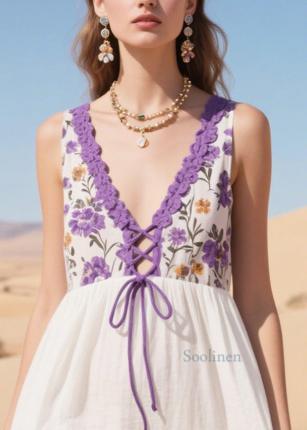 Lavender Patchwork Cotton Mid Dresses Cross Strap Summer