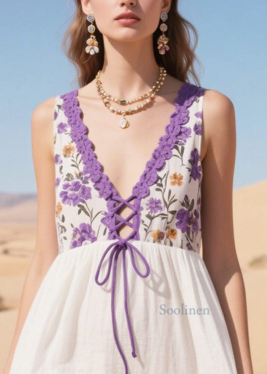 Lavender Patchwork Cotton Mid Dresses Cross Strap Summer