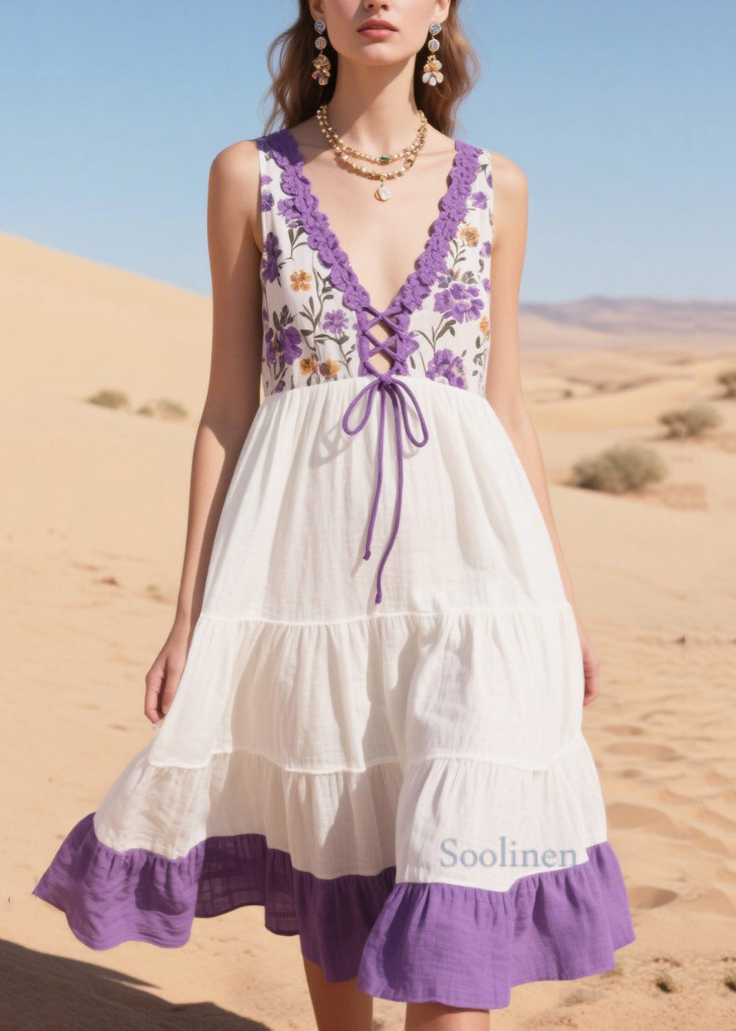 Lavender Patchwork Cotton Mid Dresses Cross Strap Summer