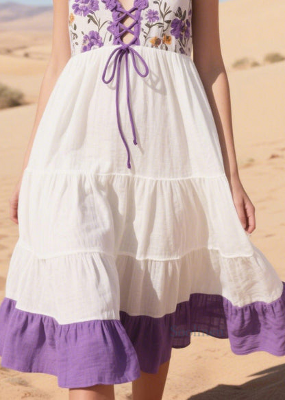 Lavender Patchwork Cotton Mid Dresses Cross Strap Summer