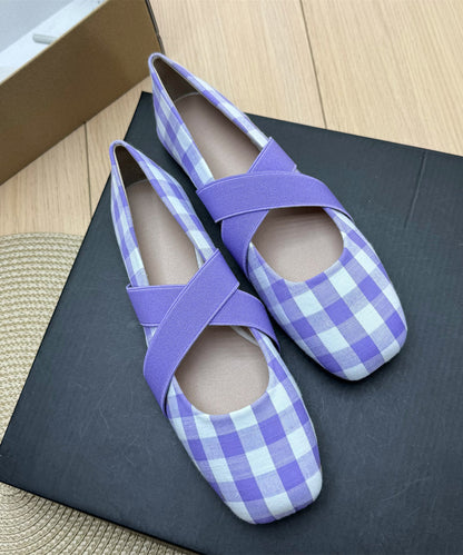 Lavender Plaid Cotton Fabric Women Splicing Flat Shoes