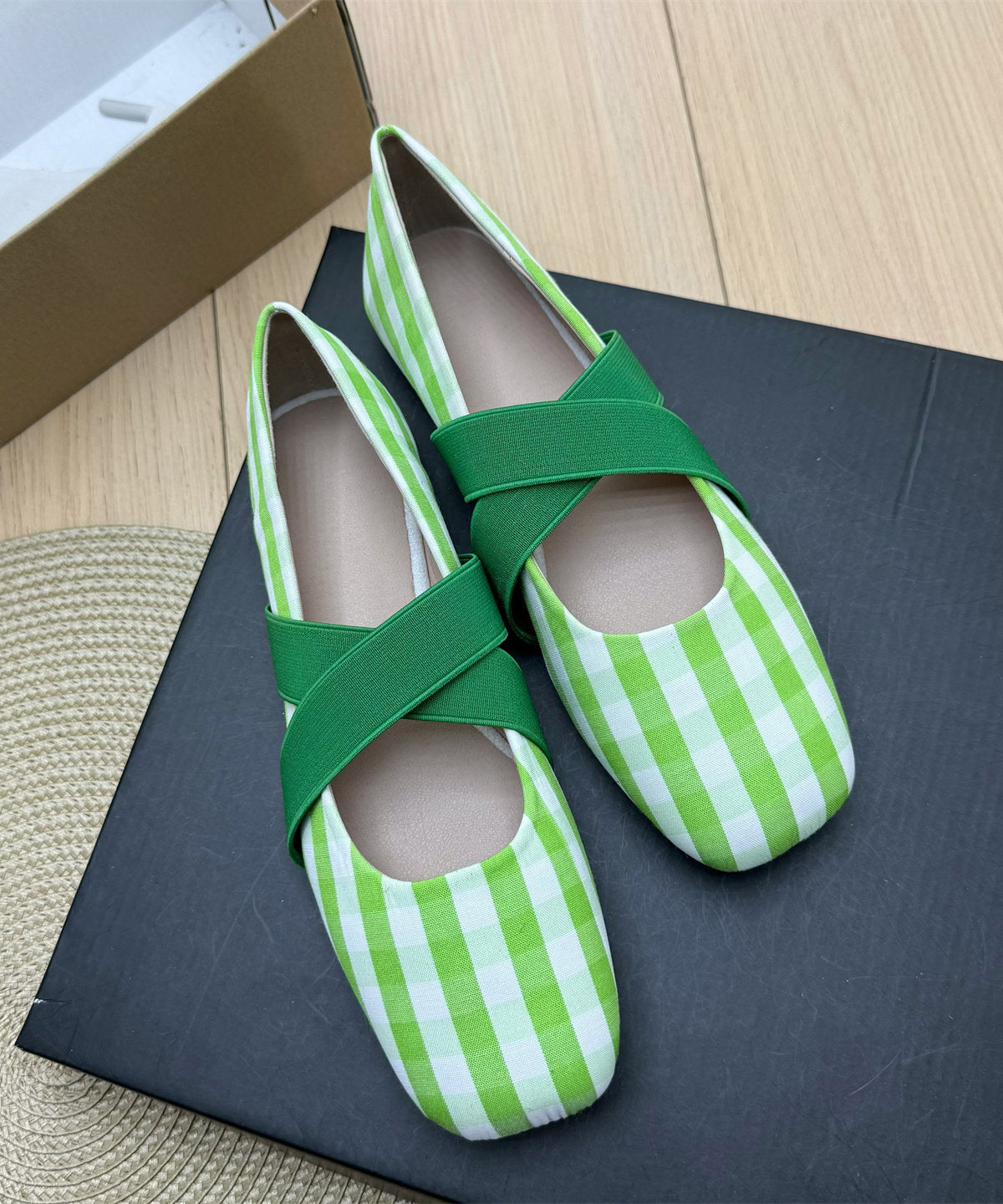 Lavender Plaid Cotton Fabric Women Splicing Flat Shoes