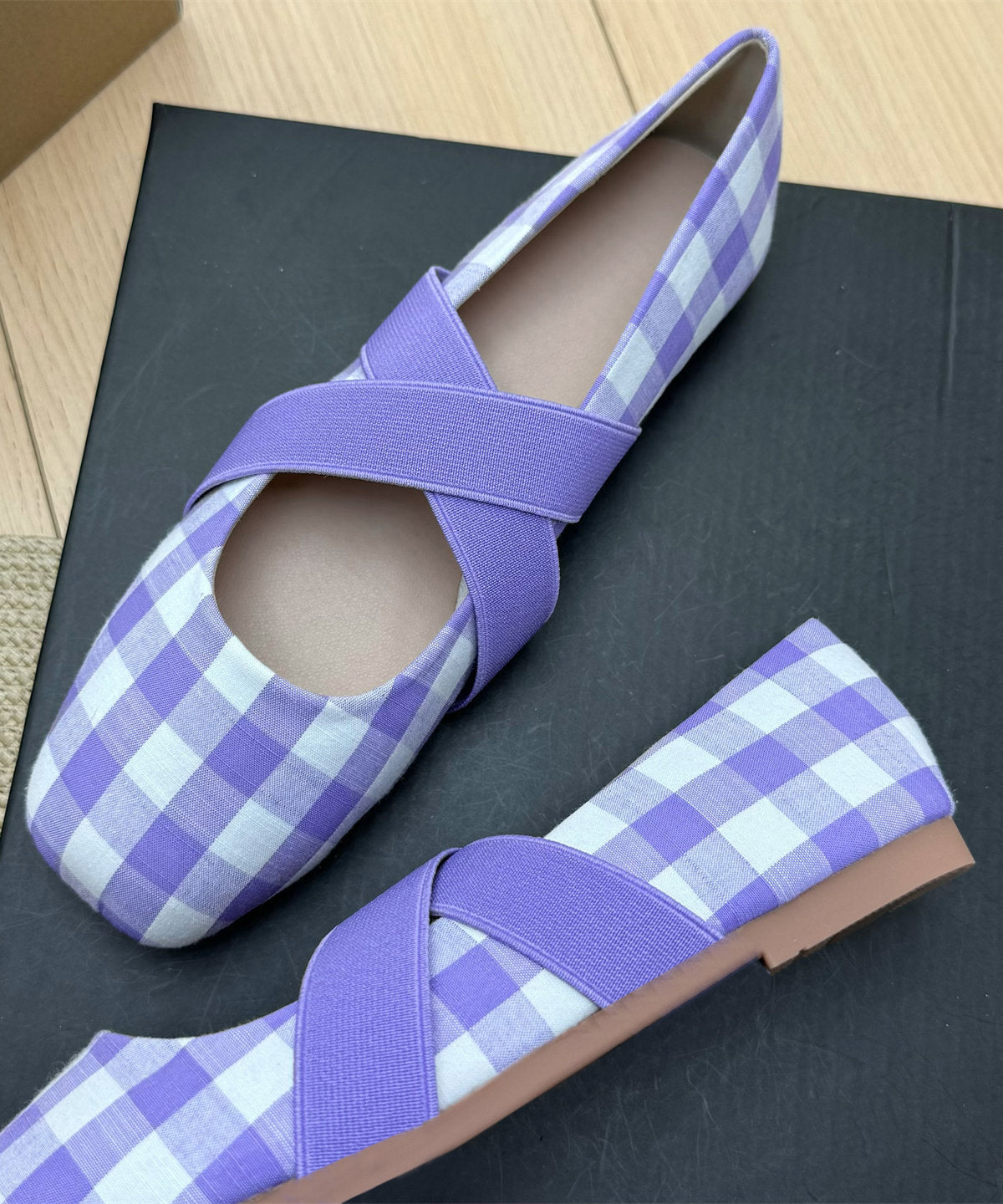 Lavender Plaid Cotton Fabric Women Splicing Flat Shoes