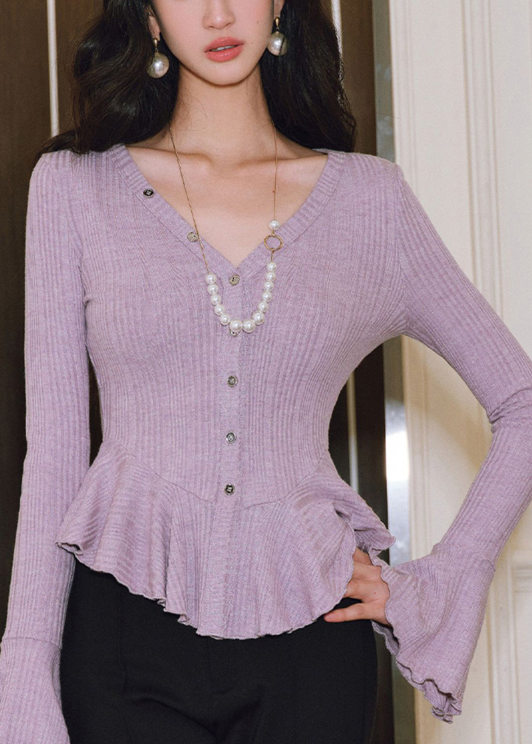 Lavender Silm Fit Knit Cardigan Ruffled Flare Sleeve