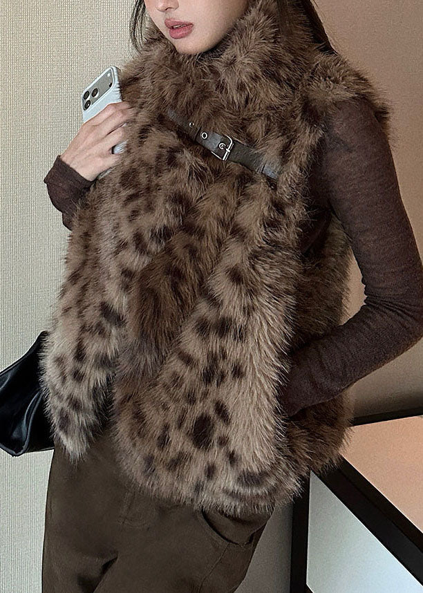 Leopard Pockets Patchwork Mink Hair Waistcoat Winter