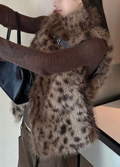 Leopard Pockets Patchwork Mink Hair Waistcoat Winter