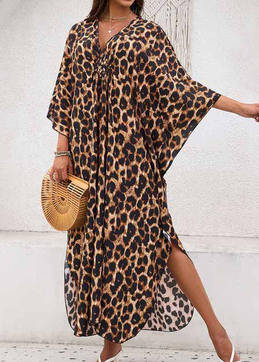 Leopard Print Chiffon Vacation Dress Oversized Side Open Summer