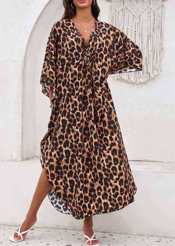 Leopard Print Chiffon Vacation Dress Oversized Side Open Summer