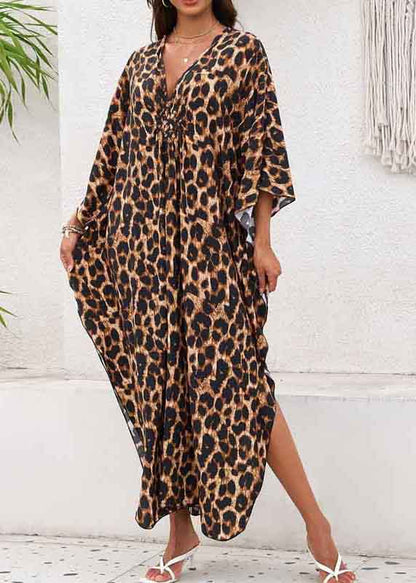 Leopard Print Chiffon Vacation Dress Oversized Side Open Summer