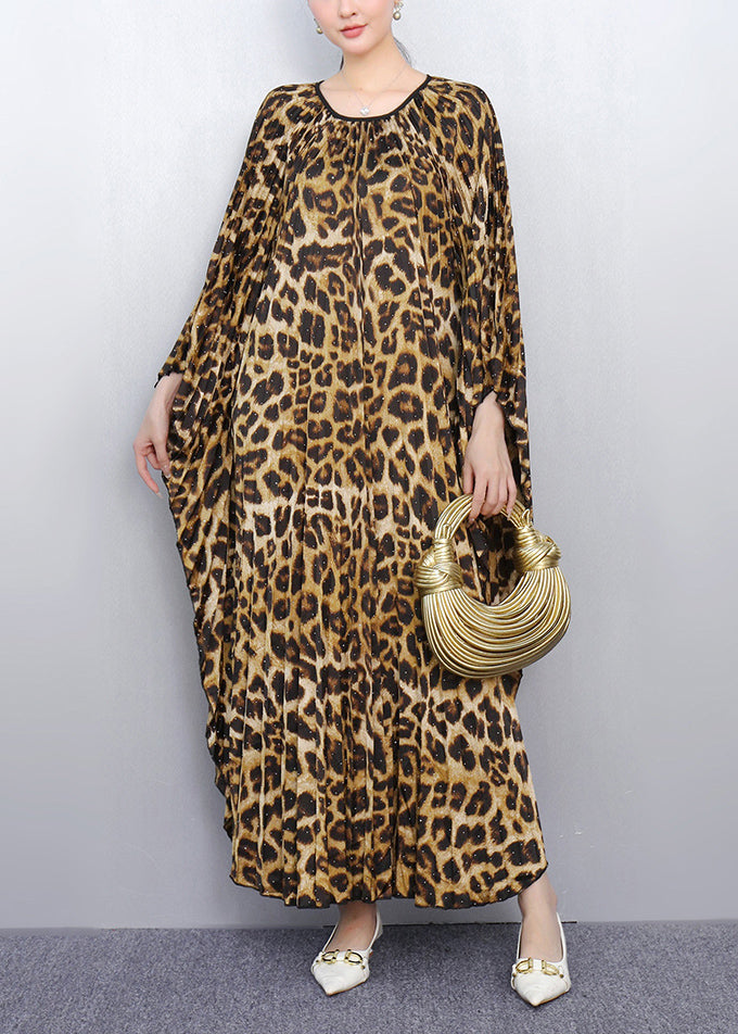 Leopard Print Long Dresses Oversized Batwing Sleeve