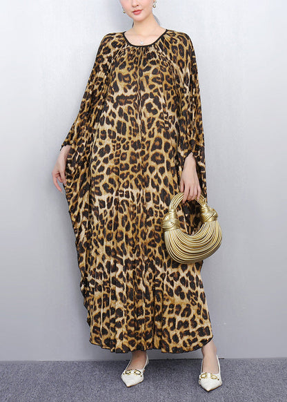 Leopard Print Long Dresses Oversized Batwing Sleeve