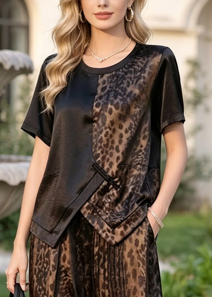 Leopard Print Patchwork Silk Two Pieces Set Asymmetrical Design Summer