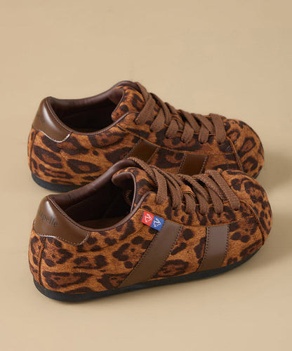 Leopard Suede Flat Shoes Women Splicing Lace Up