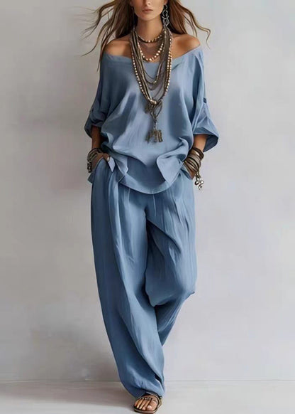 Light Blue 2 Piece Outfit Cold Shoulder Top And Wide Leg Pants Bracelet Sleeve