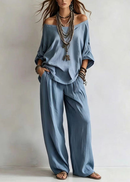 Light Blue 2 Piece Outfit Cold Shoulder Top And Wide Leg Pants Bracelet Sleeve