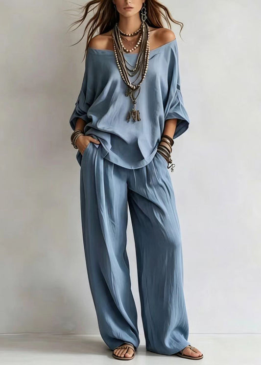 Light Blue 2 Piece Outfit Cold Shoulder Top And Wide Leg Pants Bracelet Sleeve
