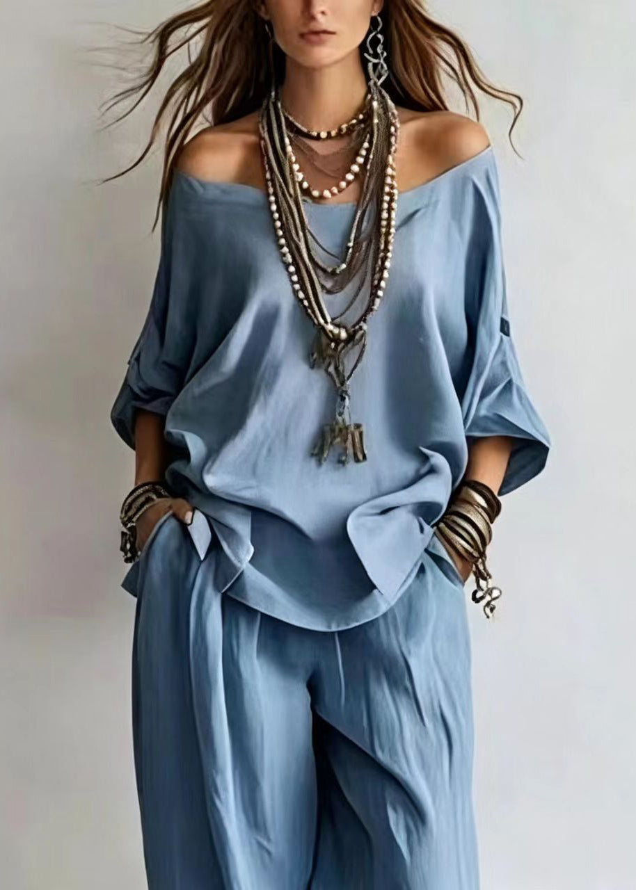 Light Blue 2 Piece Outfit Cold Shoulder Top And Wide Leg Pants Bracelet Sleeve