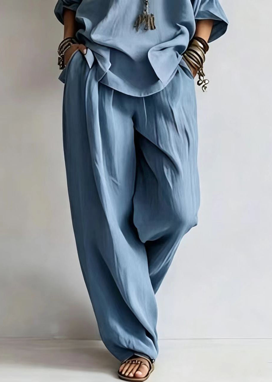 Light Blue 2 Piece Outfit Cold Shoulder Top And Wide Leg Pants Bracelet Sleeve