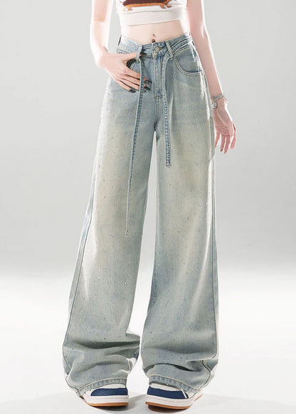 Light Blue Gradient Color Pockets High Waist Denim Pants Zircon